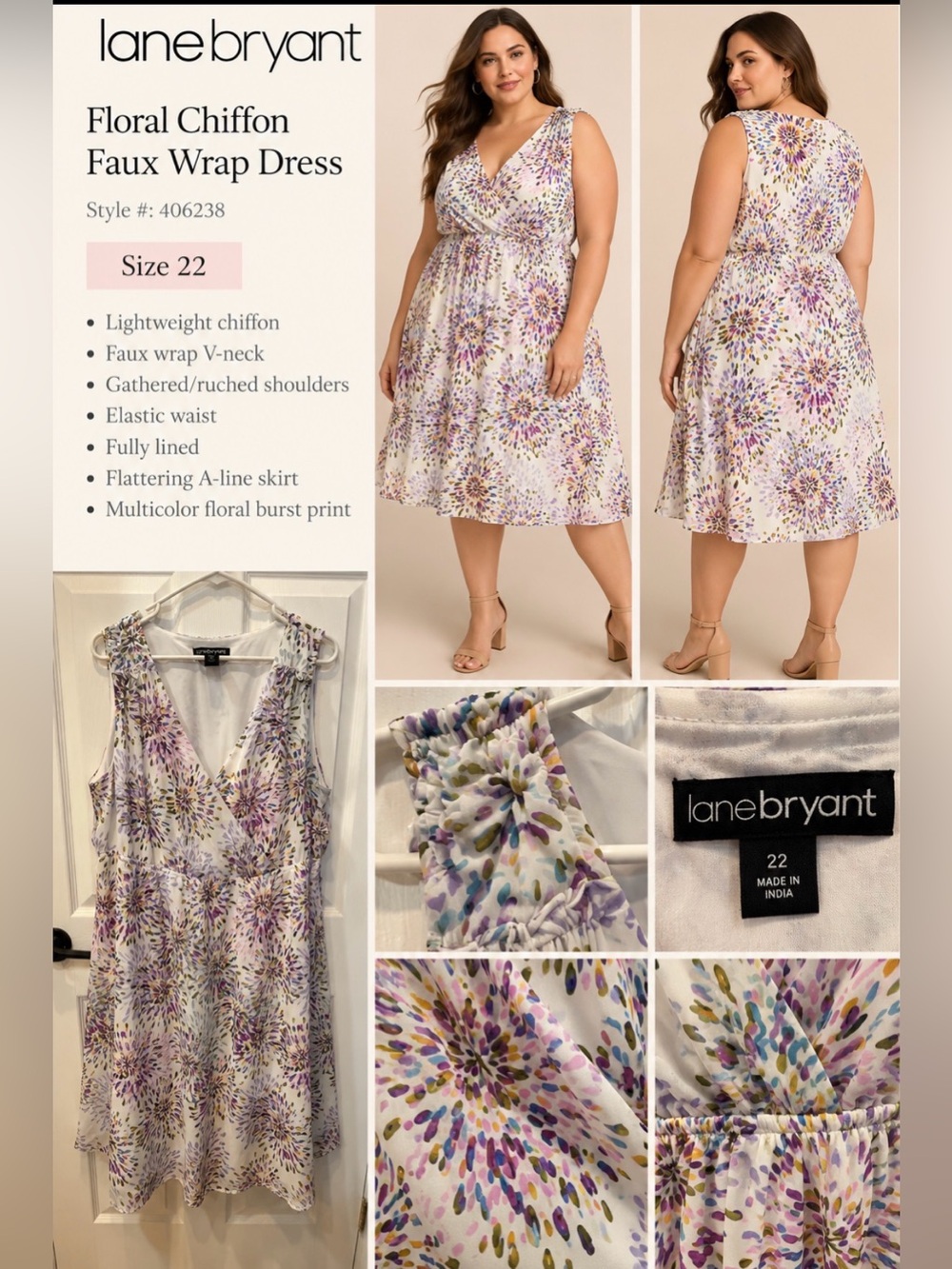 Lane Bryant White Floral Burst V-Neck Dress